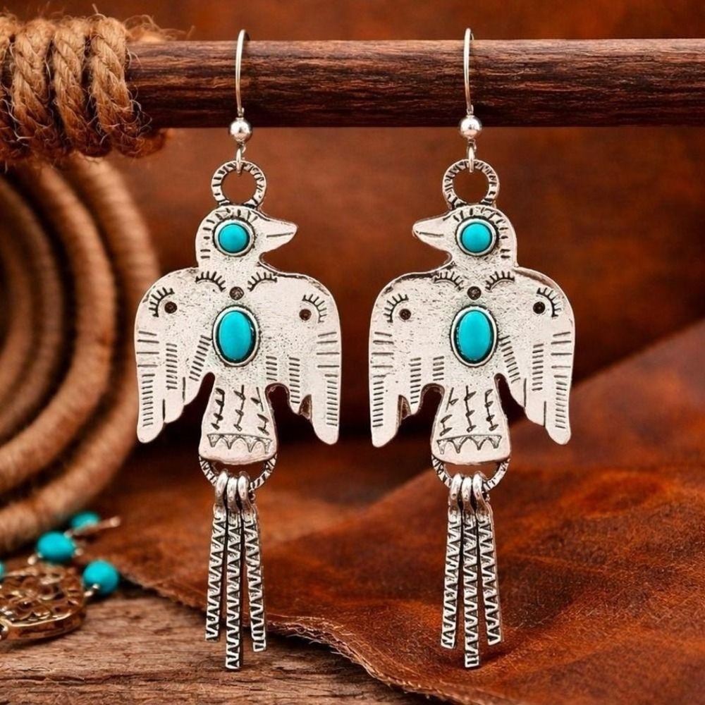 Turquoise Thunderbird Western Earrings | Silver Southwest Boho Cowgirl Dangles